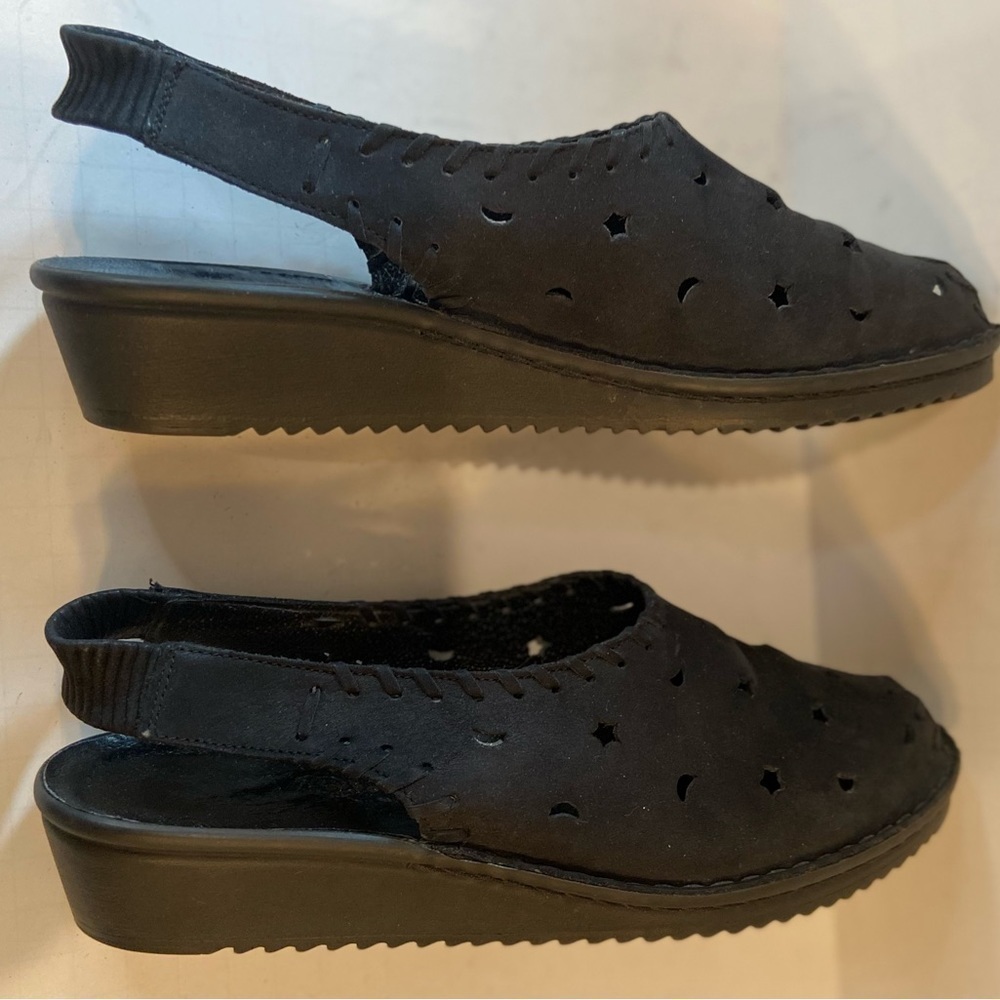 Rieker~Black Nubuck Leather~Moon/Star Cutout~Sling Back~Peep Toe~Wedge~Size 9.5